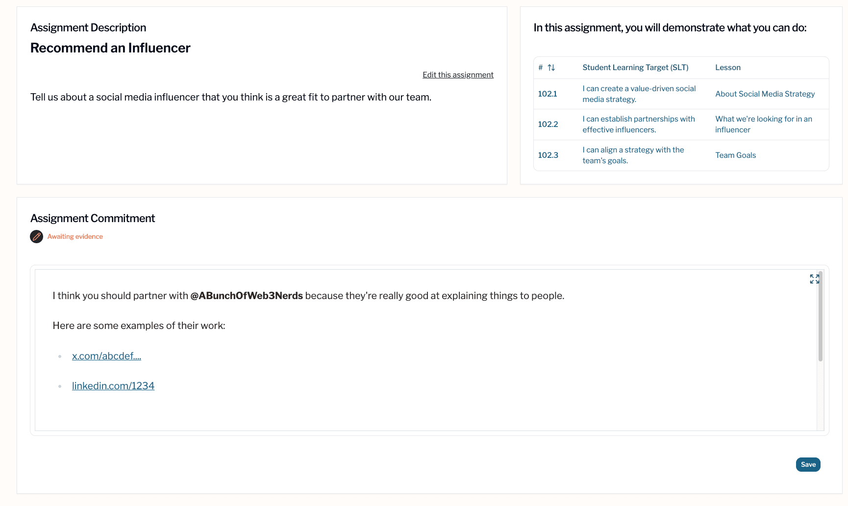 Contributors Submit Evidence - Assignment submission interface